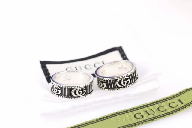 Gucci GG Running Silver Black Wide Band Interlocking G Logo Ring 6