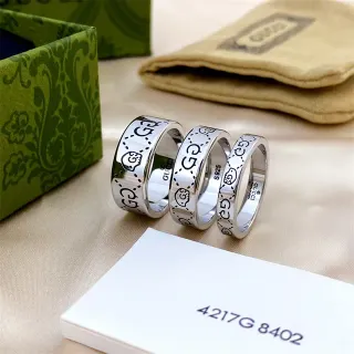 Gucci Ghost GG Silver Black Polished Band Engraved And Motifs Ring