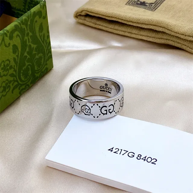 Gucci Ghost GG Silver Black Polished Band Engraved And Motifs Ring 4