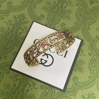 Gucci Gold Pink Twisted Rope Floral Embellishment Bracelet