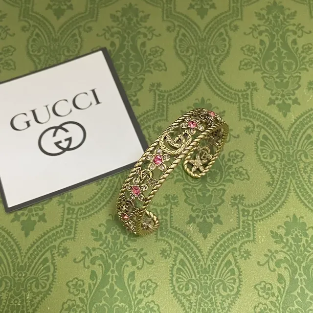 Gucci Gold Pink Twisted Rope Floral Embellishment Bracelet 5