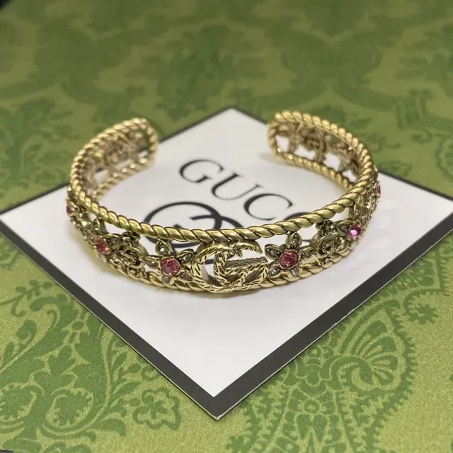 Gucci Gold Pink Twisted Rope Floral Embellishment Bracelet 6
