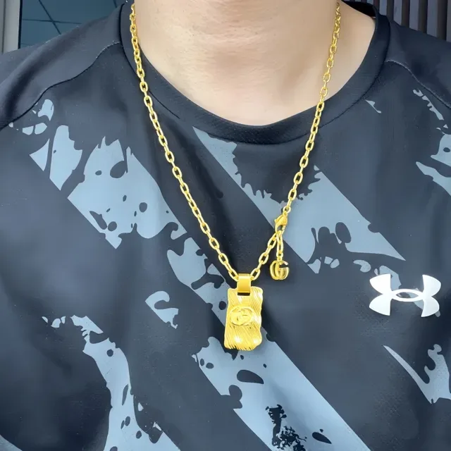 Gucci Gold Silver Interlocking G Logo Pendants Textured Wood-Grain Finish Necklace 2