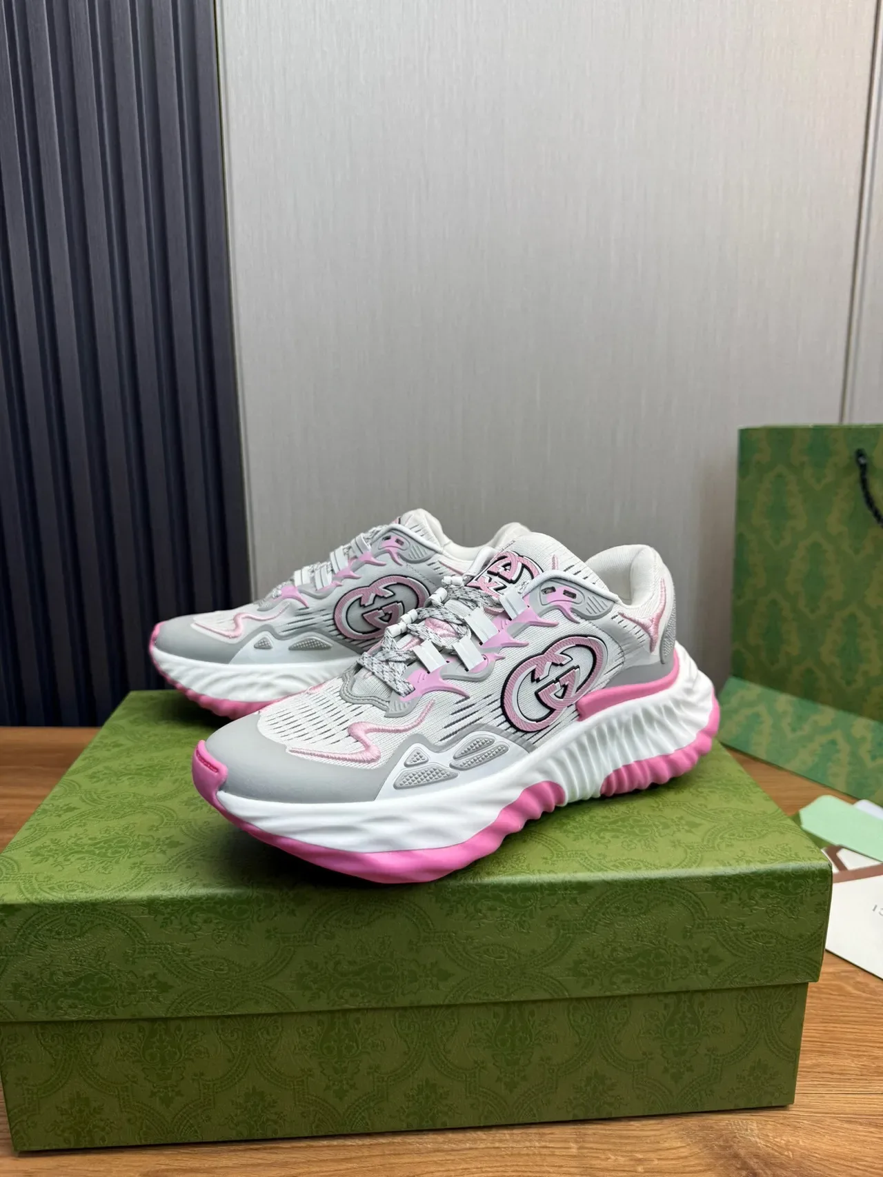 Gucci Gray Pink Sole Knit Mesh Upper Chunky Sneakers 2