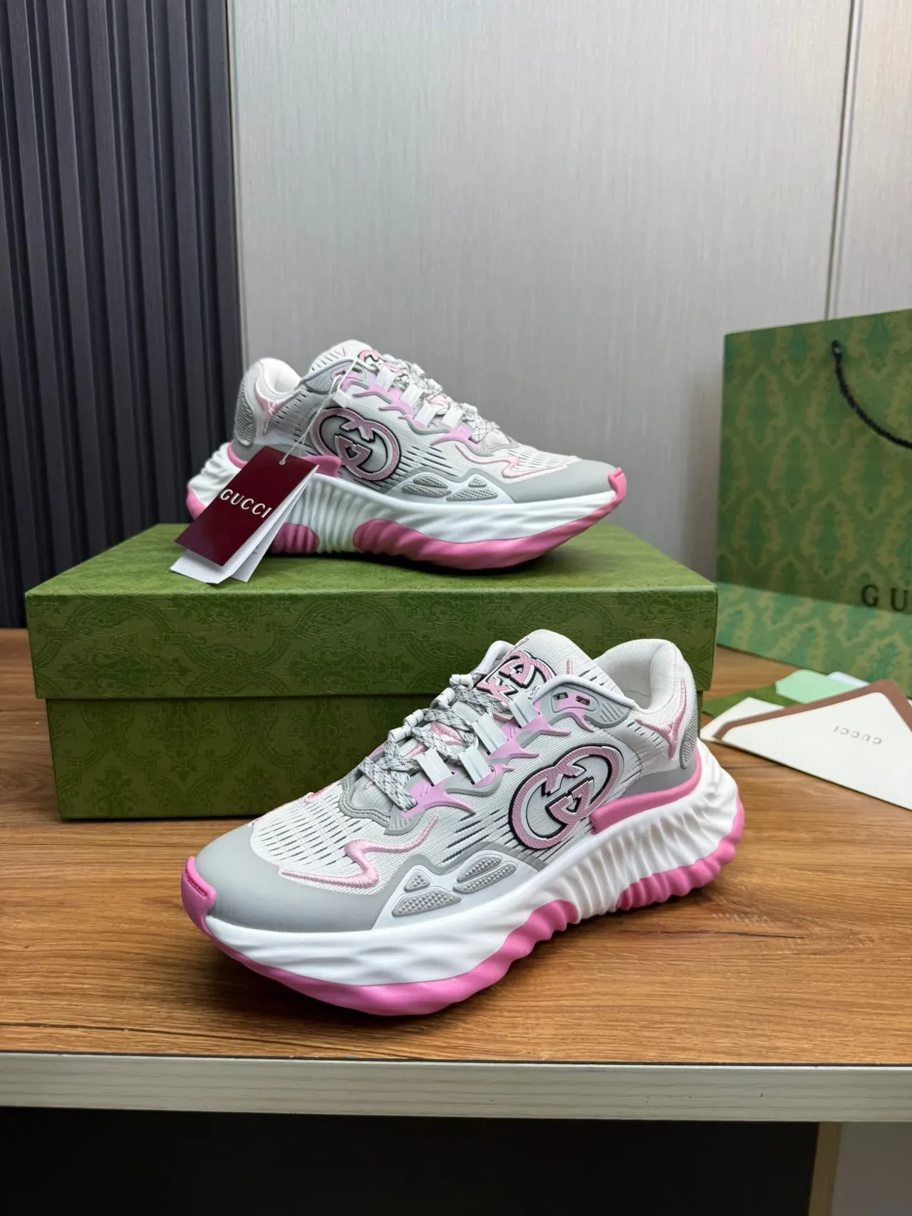 Gucci Gray Pink Sole Knit Mesh Upper Chunky Sneakers 3