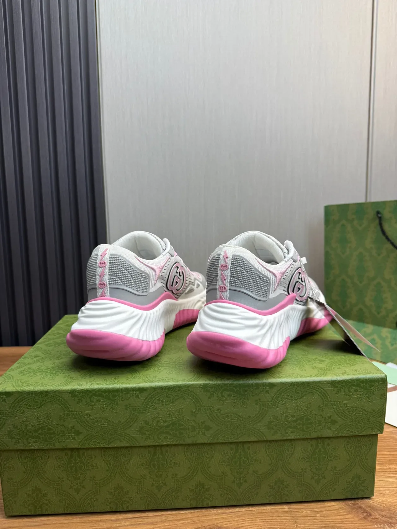 Gucci Gray Pink Sole Knit Mesh Upper Chunky Sneakers 4