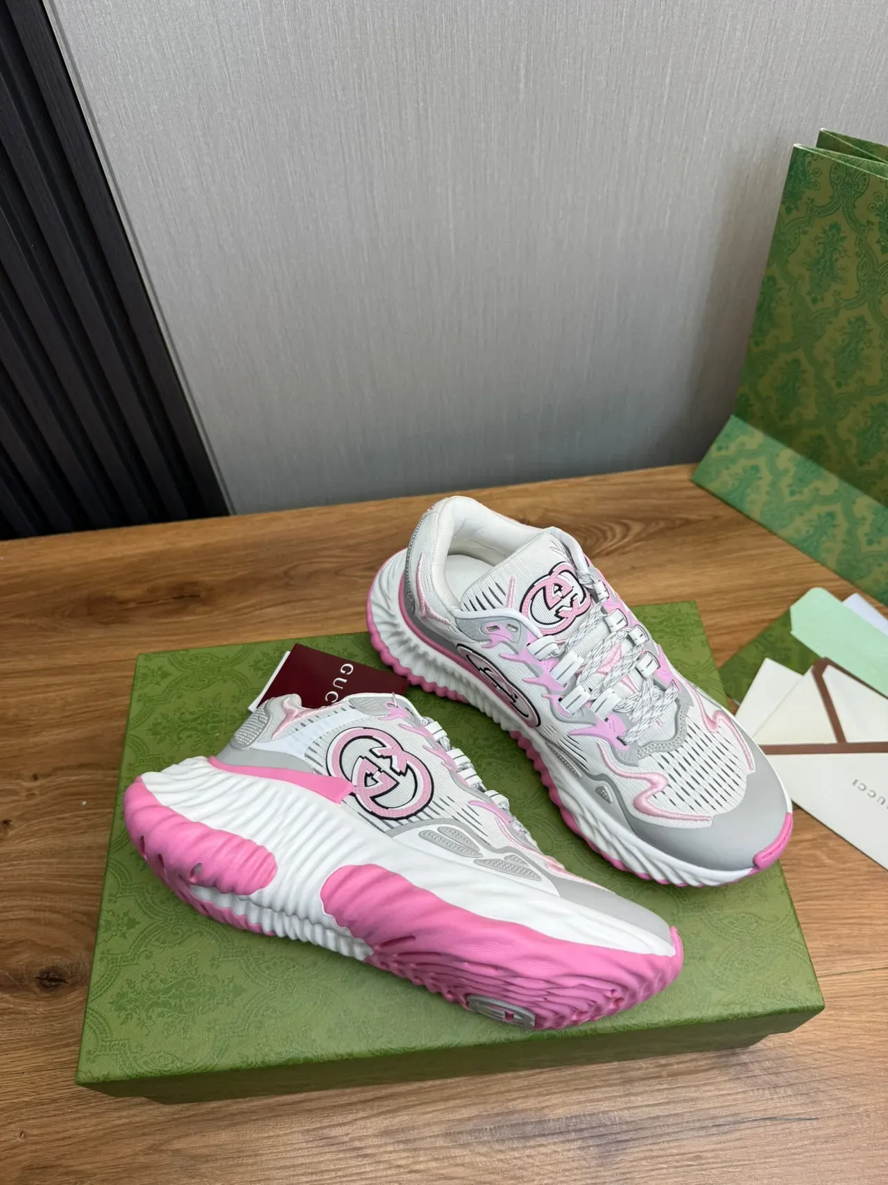 Gucci Gray Pink Sole Knit Mesh Upper Chunky Sneakers 5