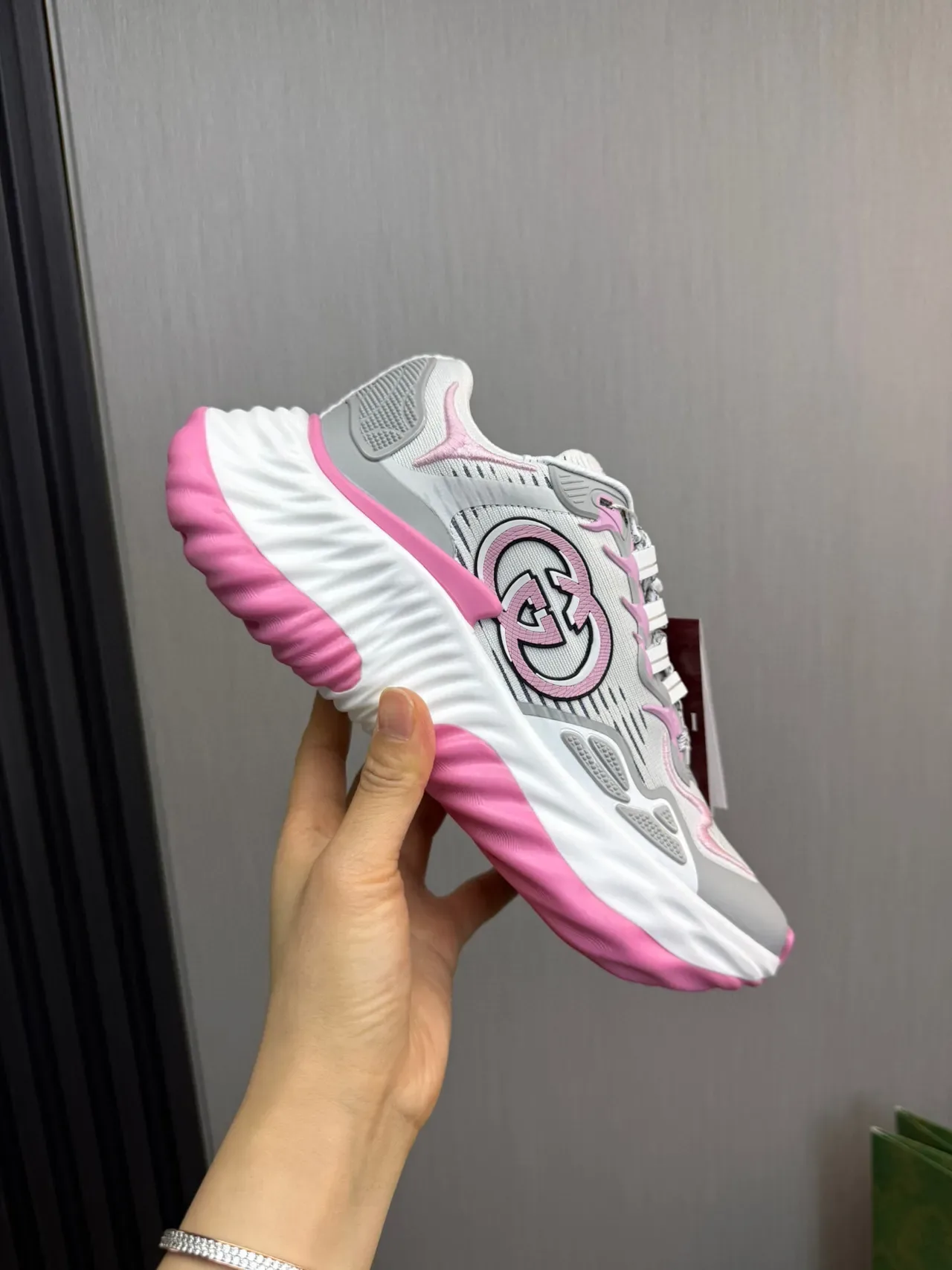 Gucci Gray Pink Sole Knit Mesh Upper Chunky Sneakers 6