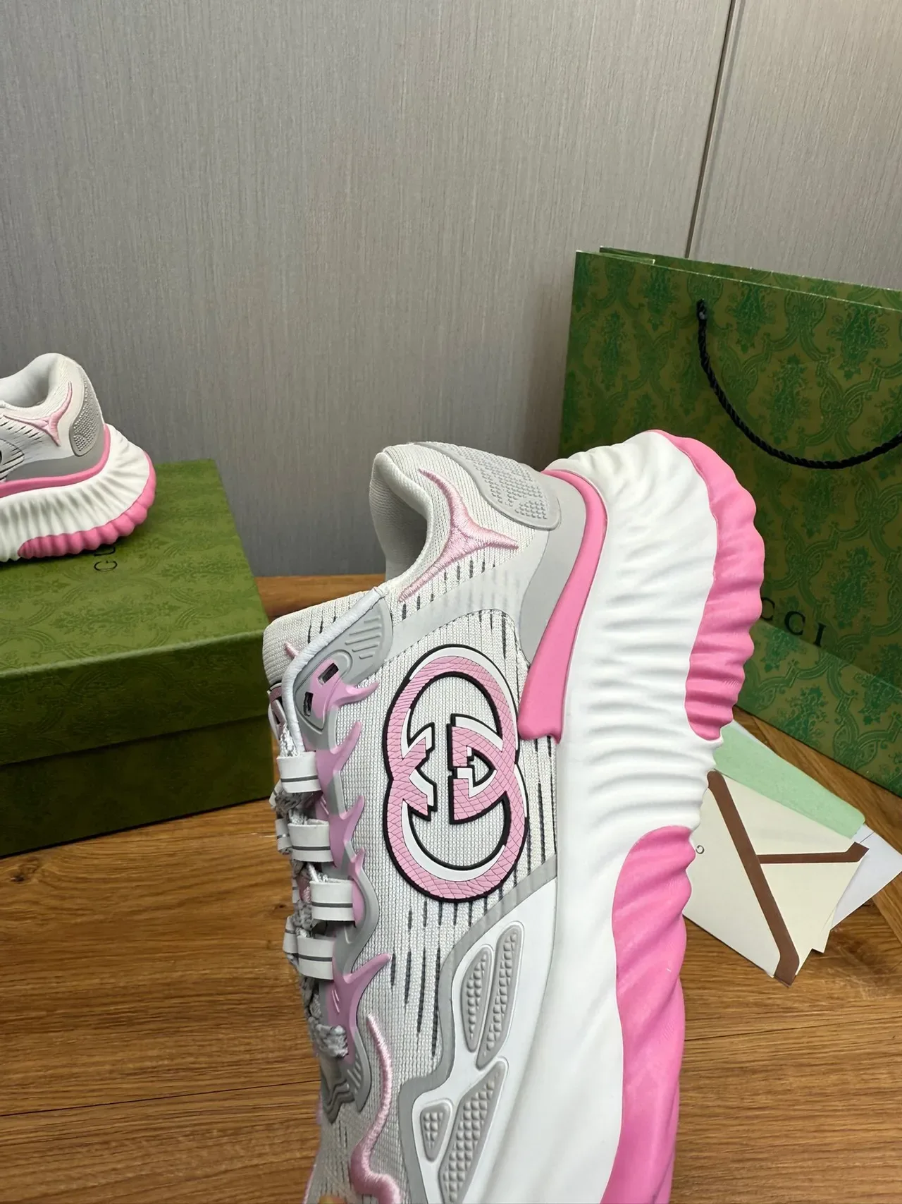 Gucci Gray Pink Sole Knit Mesh Upper Chunky Sneakers 7