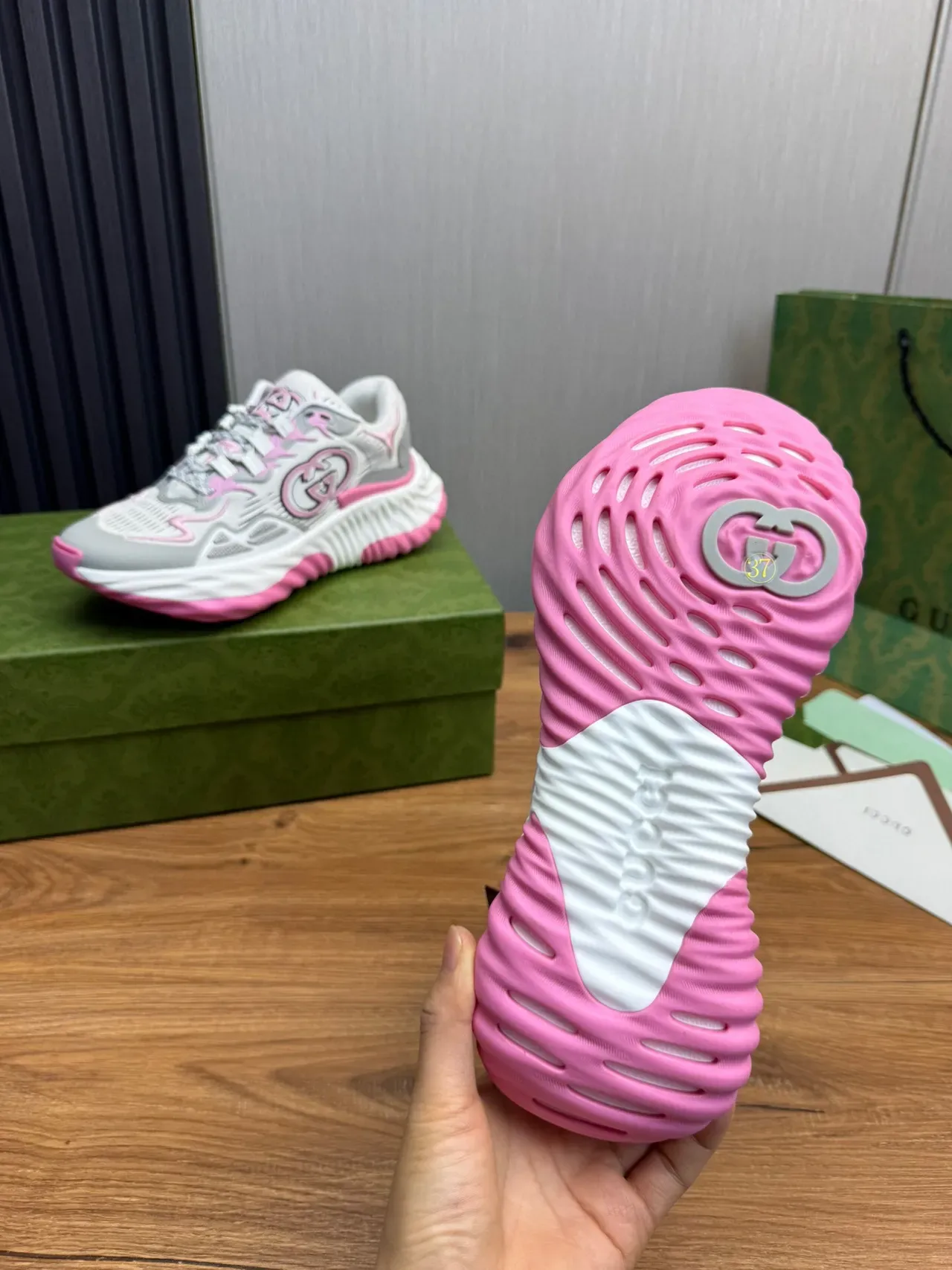 Gucci Gray Pink Sole Knit Mesh Upper Chunky Sneakers 9