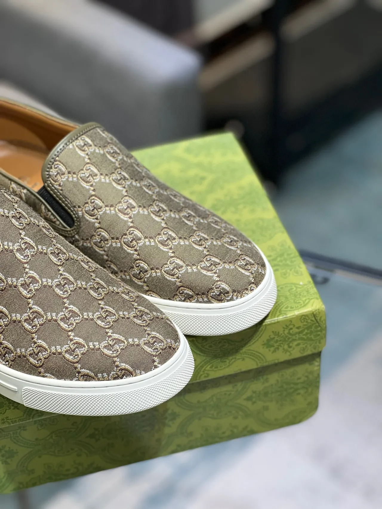 Gucci Green Beige GG Monogram Canvas Slip-On Construction Loafer 3