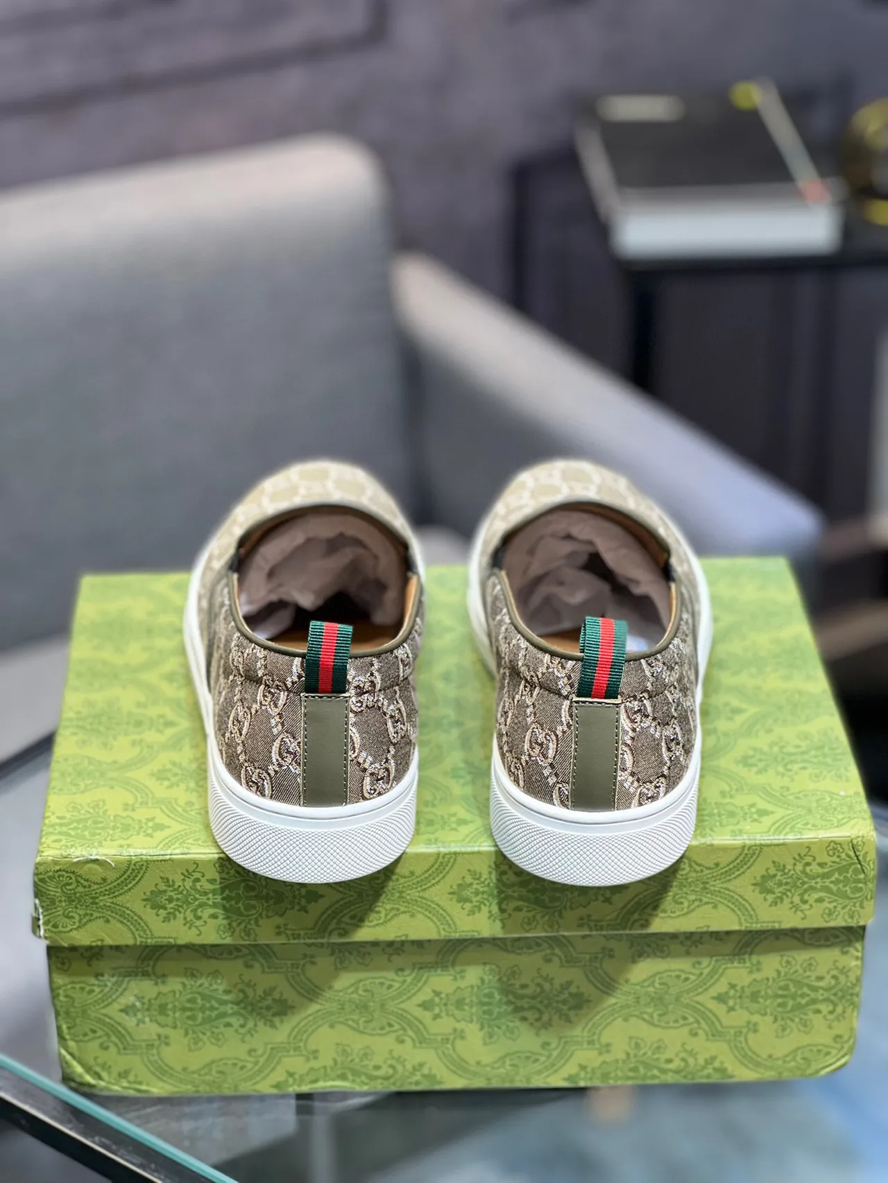 Gucci Green Beige GG Monogram Canvas Slip-On Construction Loafer 4