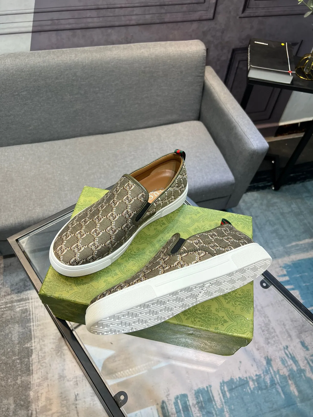Gucci Green Beige GG Monogram Canvas Slip-On Construction Loafer 8