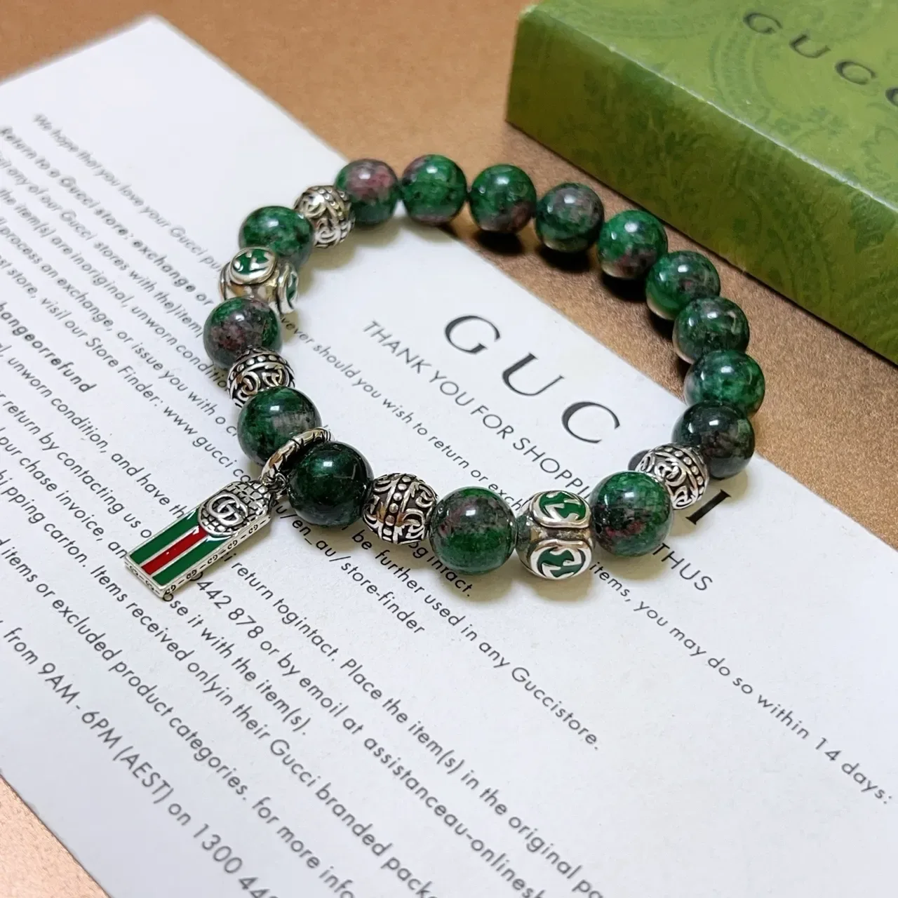 Gucci Green Red Beaded Gemstone Bracelet 2