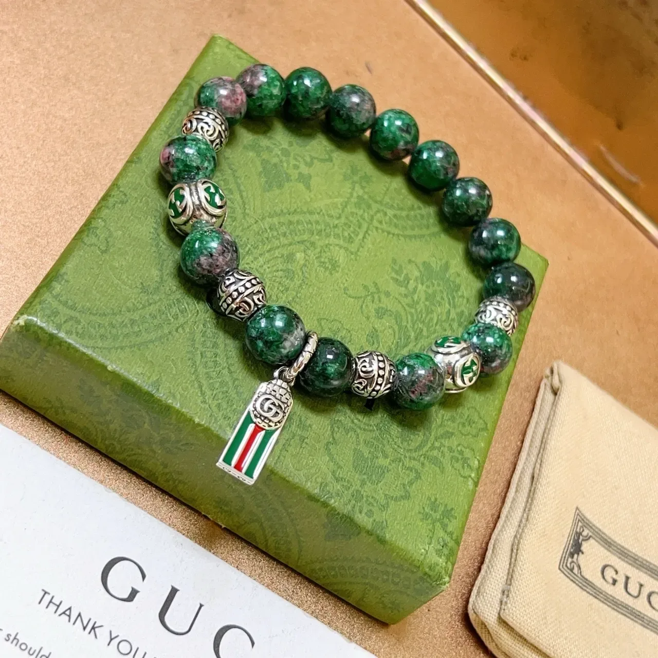Gucci Green Red Beaded Gemstone Bracelet 5