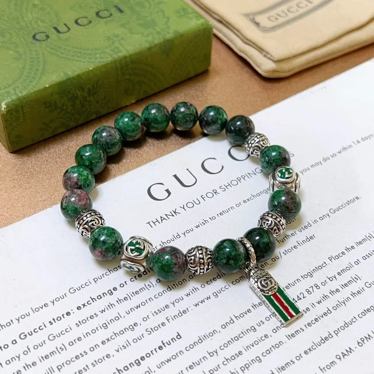 Gucci Green Red Beaded Gemstone Bracelet 6