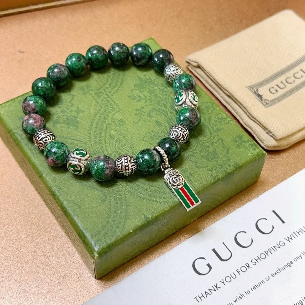 Gucci Green Red Beaded Gemstone Bracelet 9