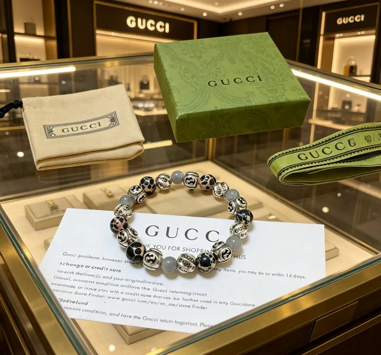 Gucci Green Silver Beaded GG Monogram Bracelet 3