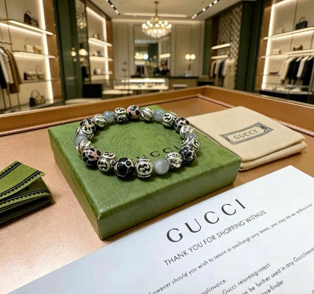 Gucci Green Silver Beaded GG Monogram Bracelet 4