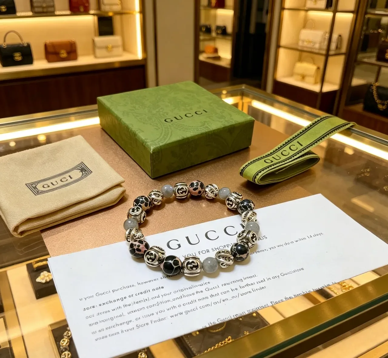 Gucci Green Silver Beaded GG Monogram Bracelet 6