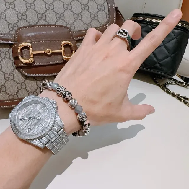 Gucci Green Silver Beaded GG Monogram Bracelet 8