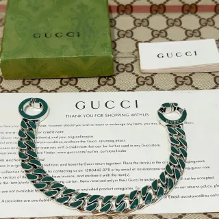 Gucci Green Silver Chunky Curb-Link Chain Enamel Inlays Bracelet