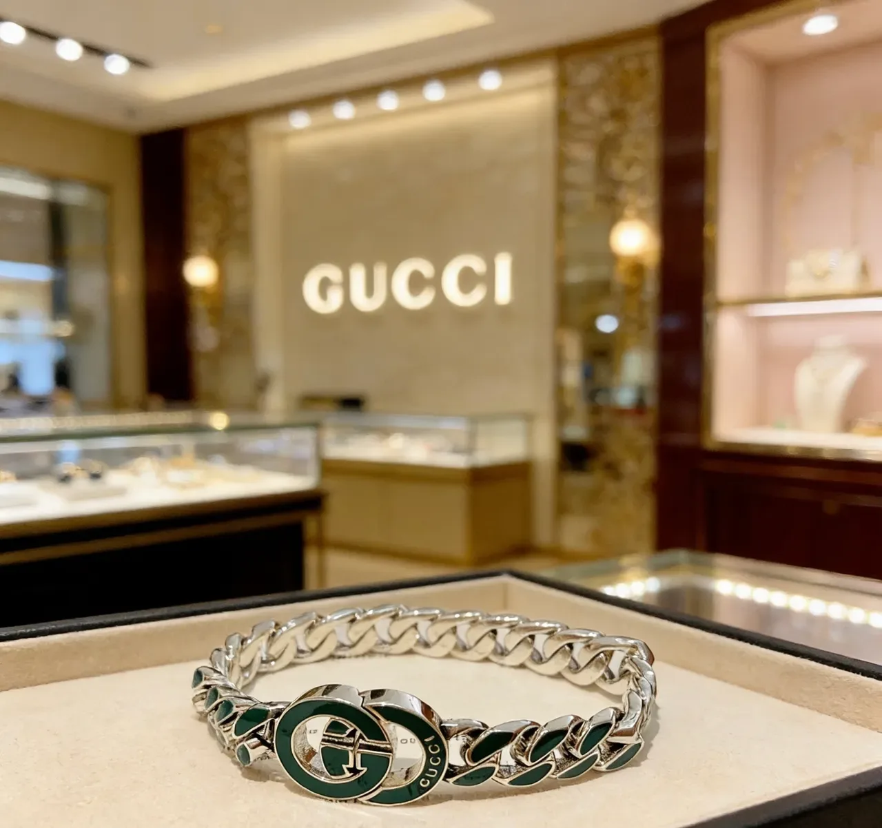 Gucci Green Silver Chunky Curb-Link Chain Enamel Inlays Bracelet 2