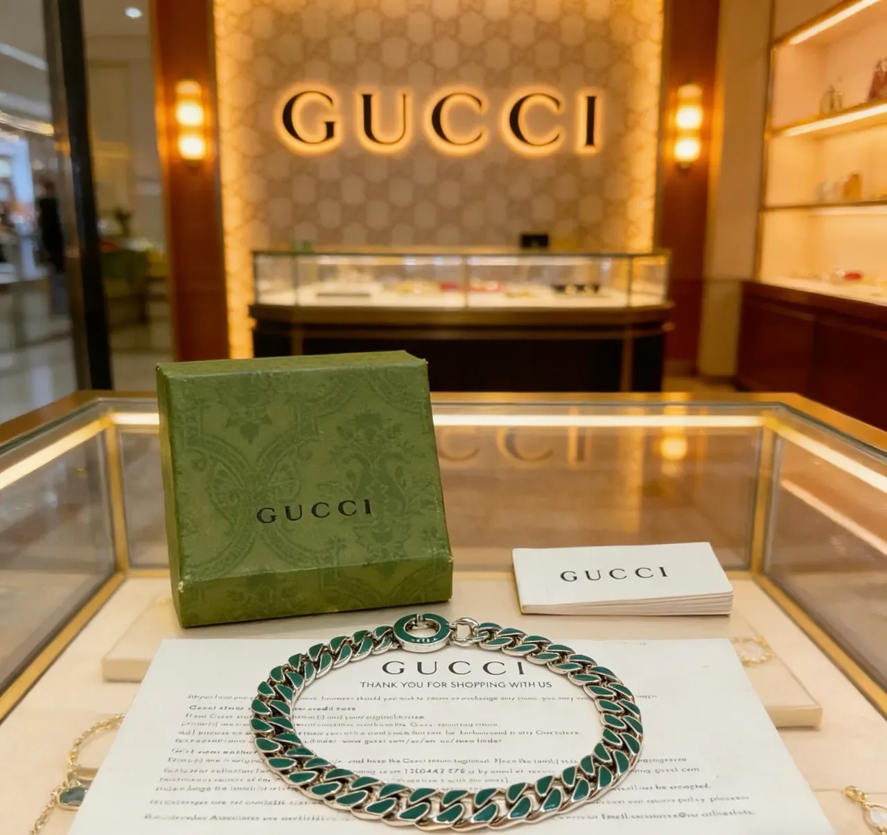 Gucci Green Silver Chunky Curb-Link Chain Enamel Inlays Bracelet 3