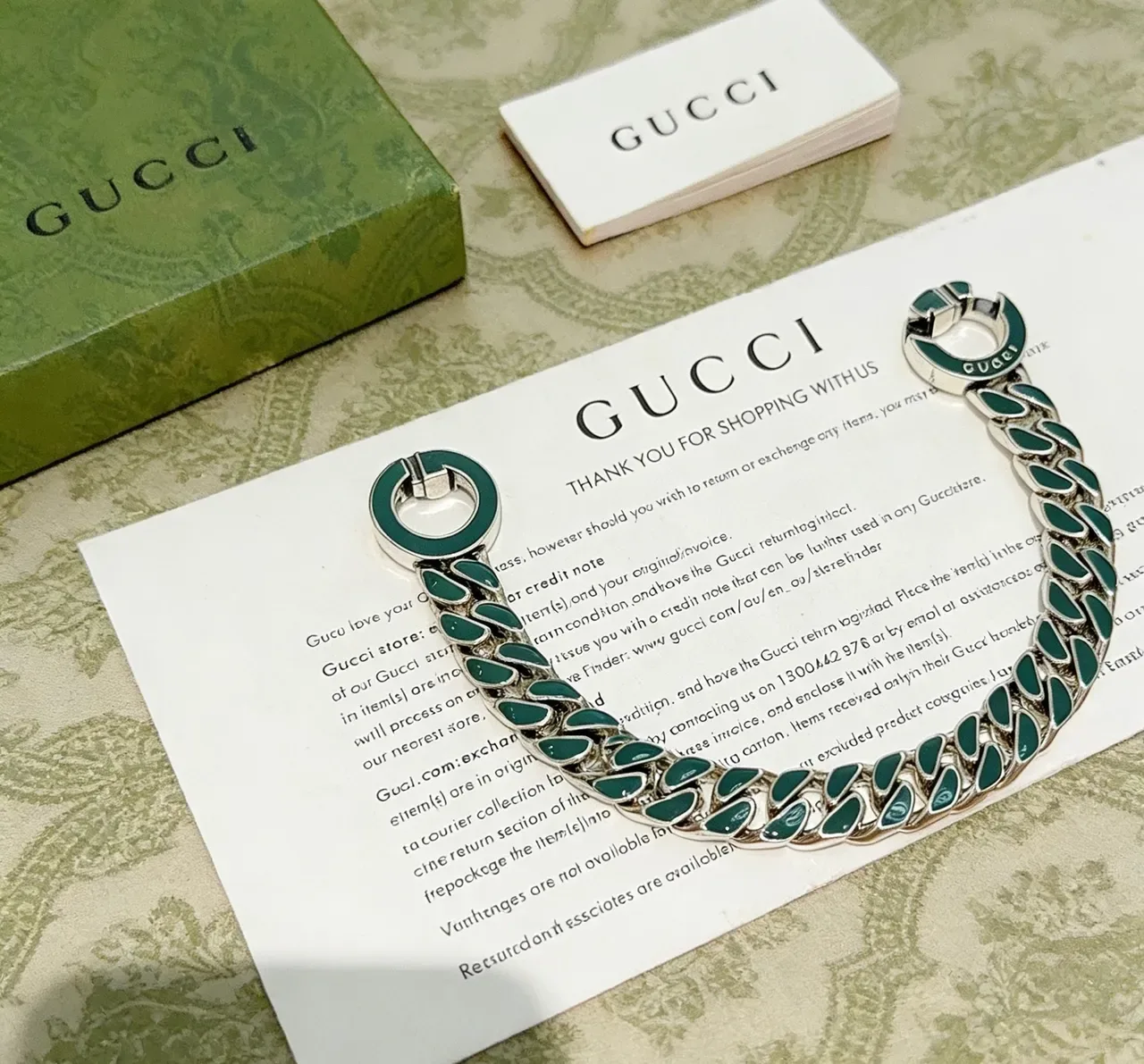 Gucci Green Silver Chunky Curb-Link Chain Enamel Inlays Bracelet 4