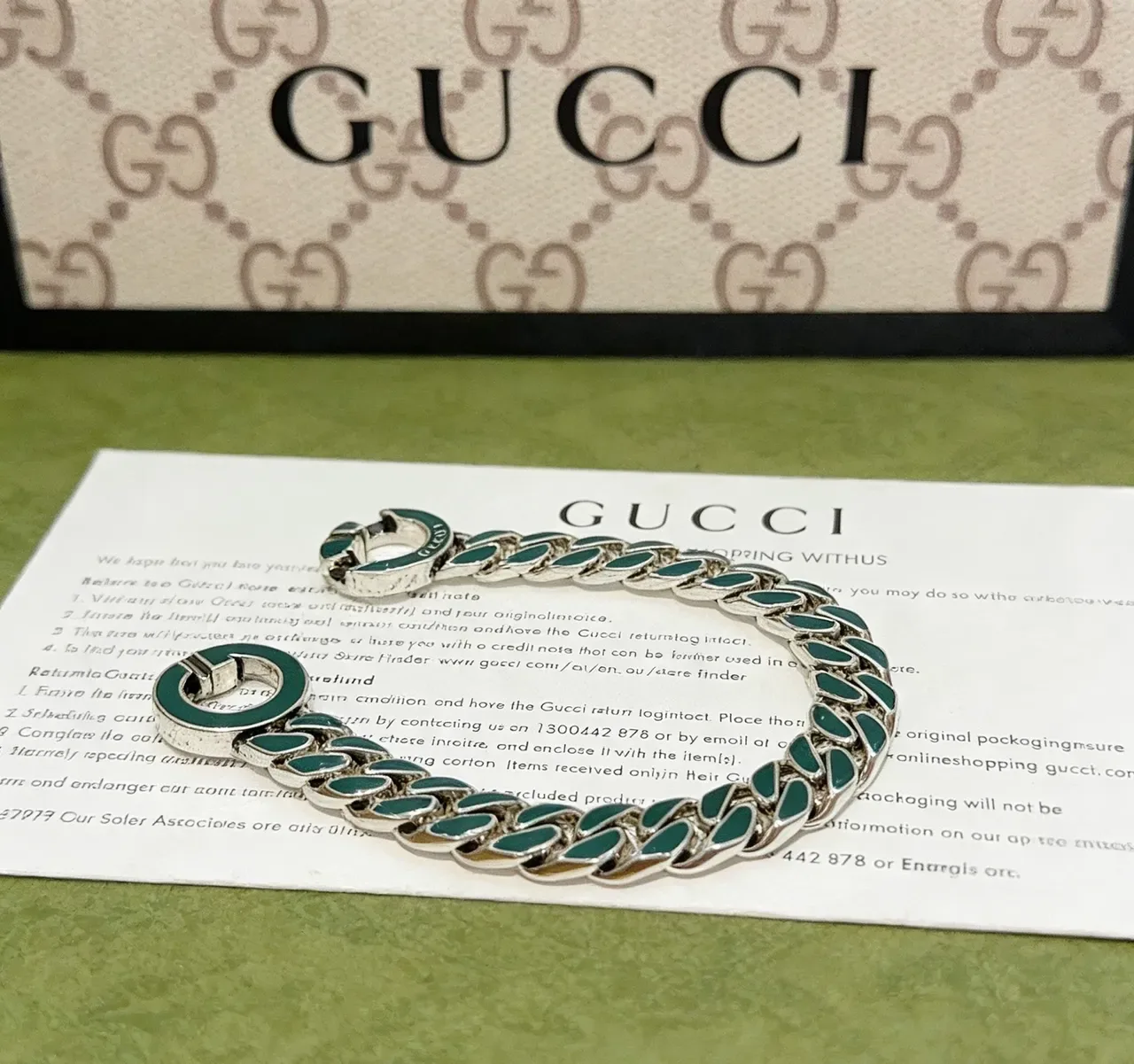 Gucci Green Silver Chunky Curb-Link Chain Enamel Inlays Bracelet 5