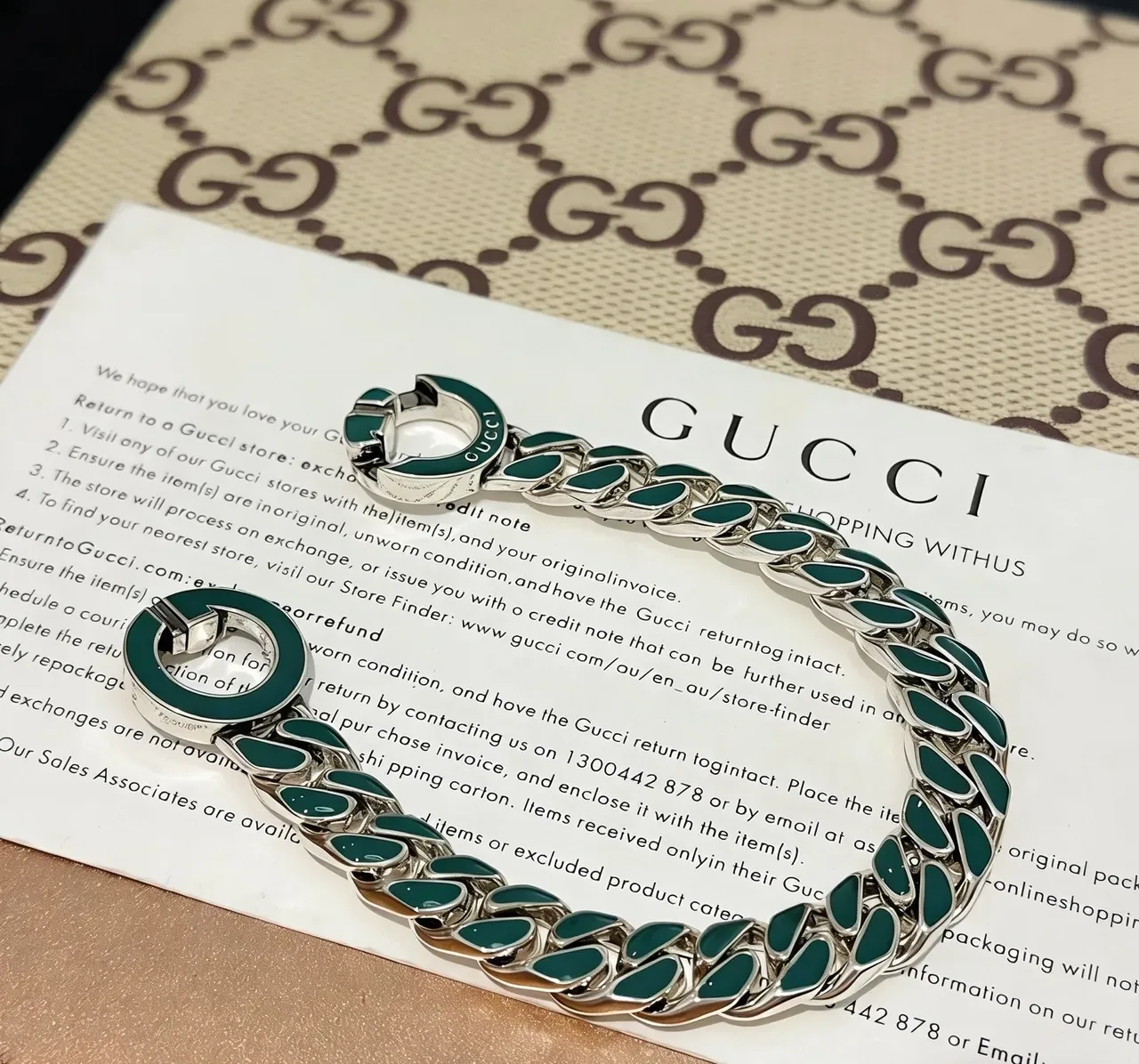 Gucci Green Silver Chunky Curb-Link Chain Enamel Inlays Bracelet 6