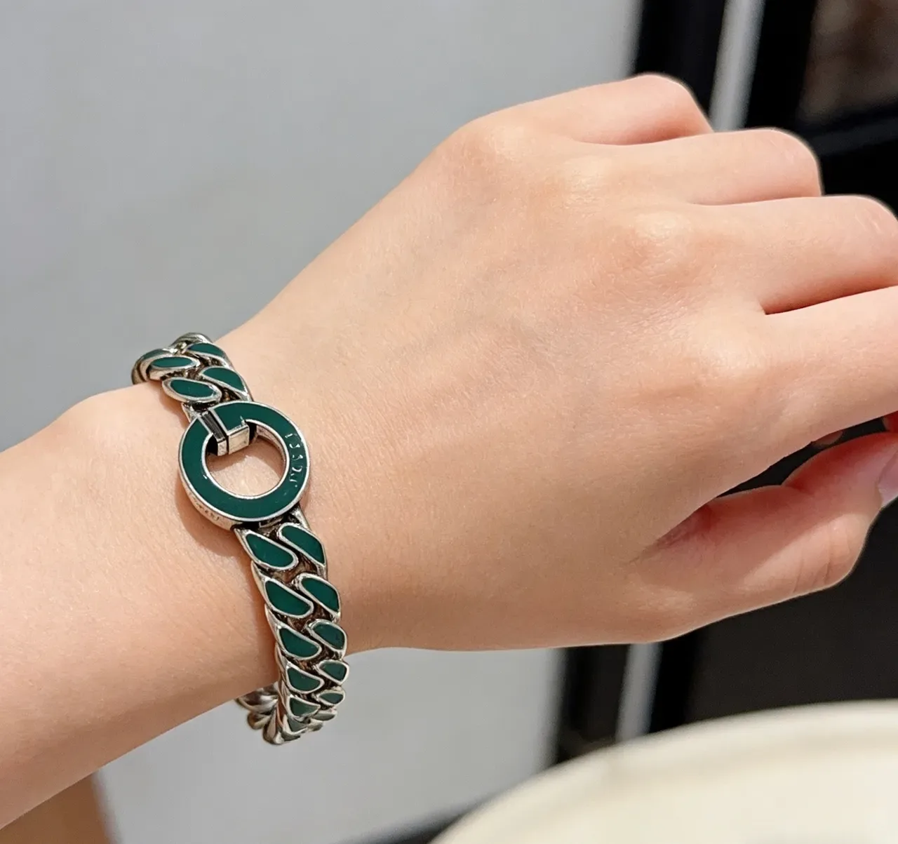 Gucci Green Silver Chunky Curb-Link Chain Enamel Inlays Bracelet 7