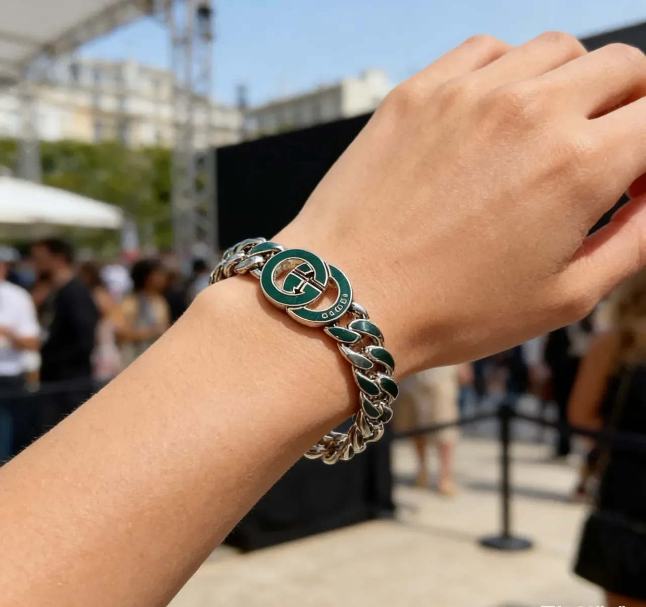 Gucci Green Silver Chunky Curb-Link Chain Enamel Inlays Bracelet 8