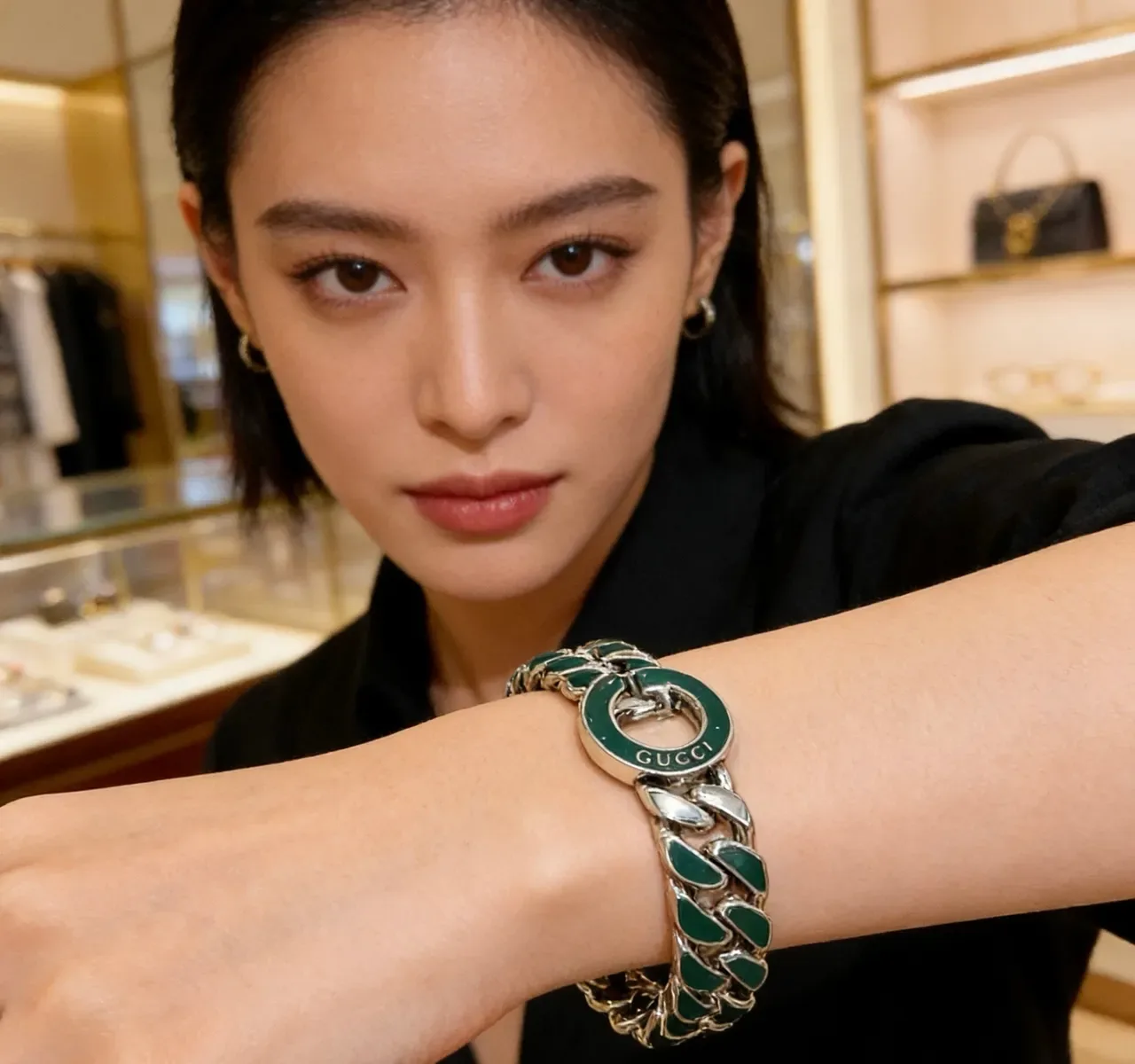 Gucci Green Silver Chunky Curb-Link Chain Enamel Inlays Bracelet 9