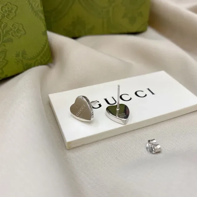 Gucci Heart-Shaped Engraved Logo Stud Earrings 6