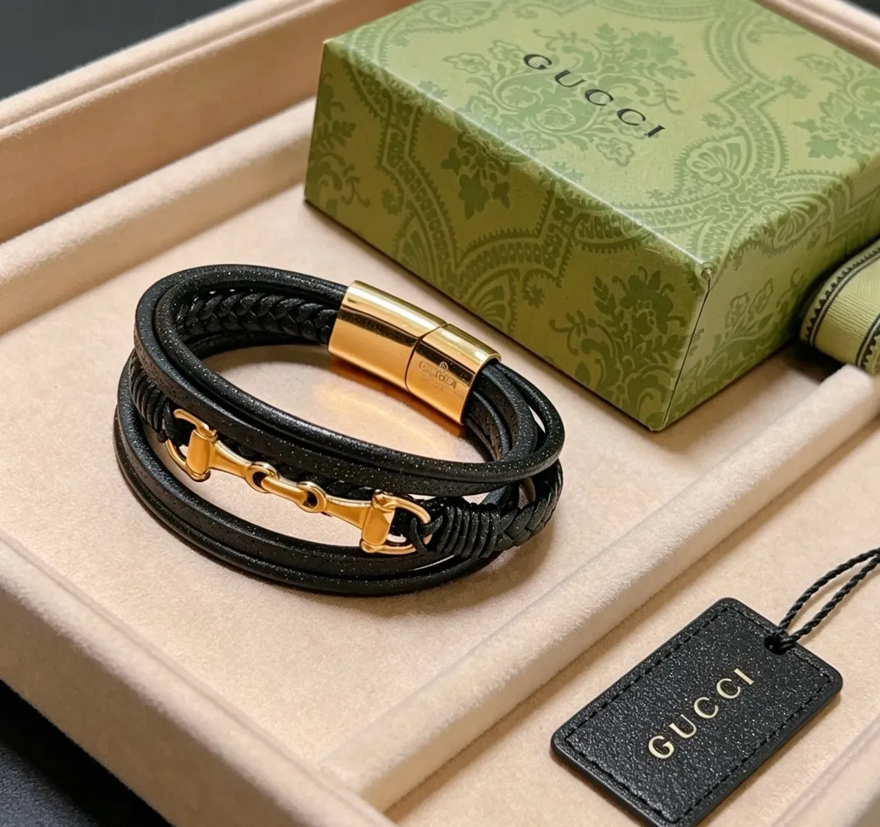 Gucci Horsebit 1955 Black Leather and Gold-Tone Multi-Wrap Bracelet 2