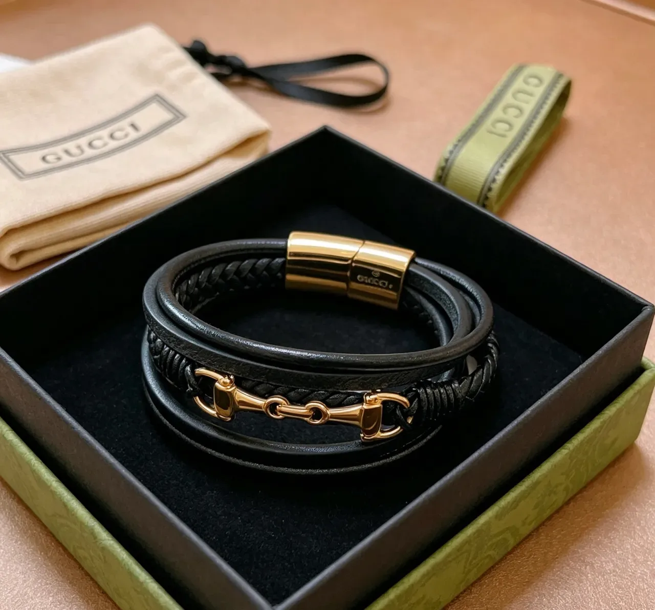 Gucci Horsebit 1955 Black Leather and Gold-Tone Multi-Wrap Bracelet 3