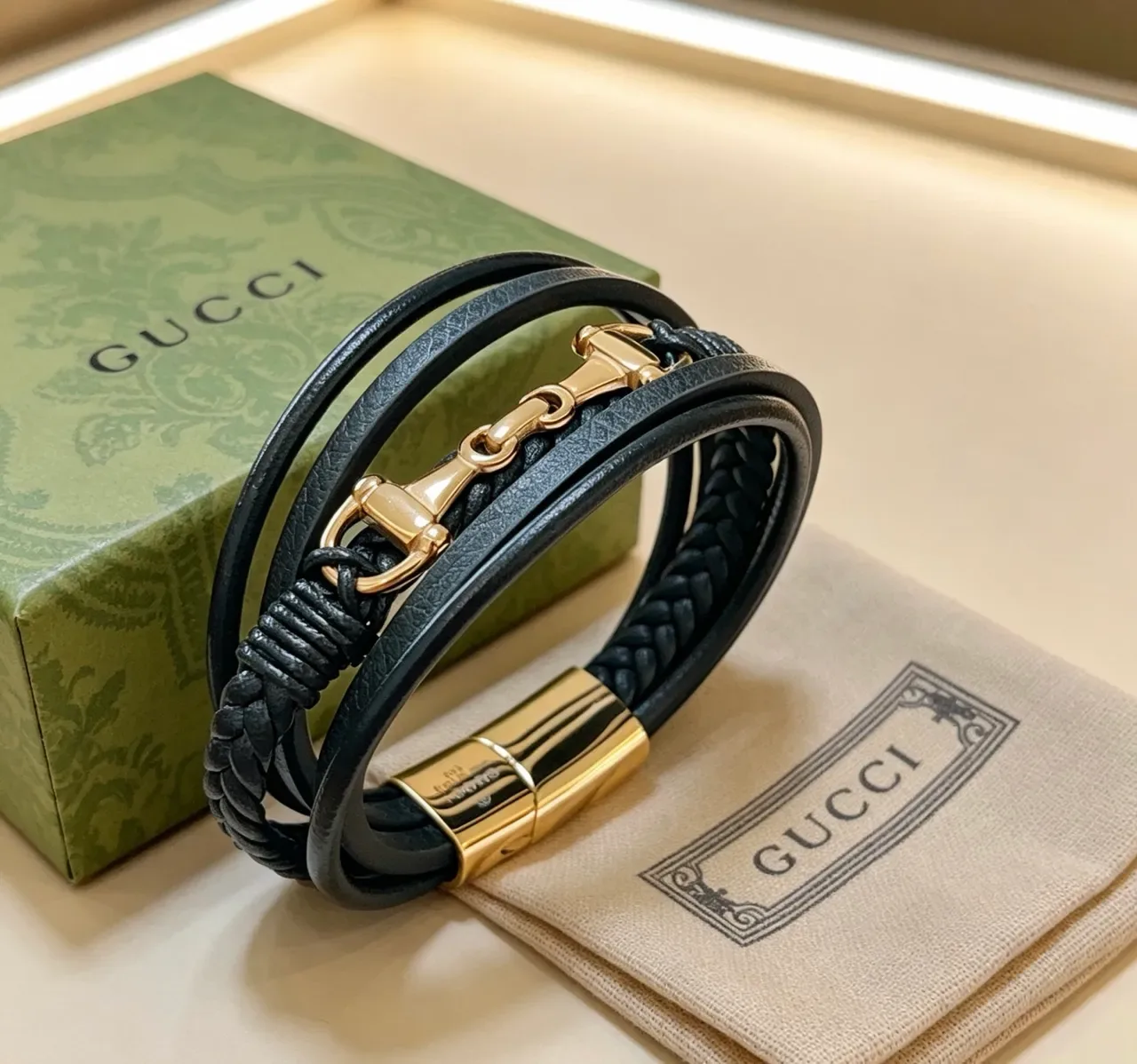 Gucci Horsebit 1955 Black Leather and Gold-Tone Multi-Wrap Bracelet 5