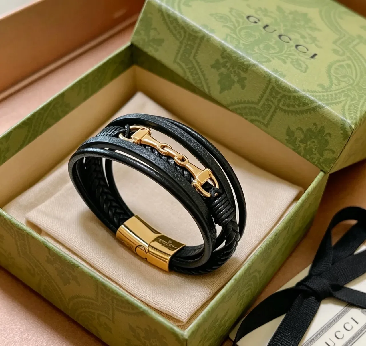 Gucci Horsebit 1955 Black Leather and Gold-Tone Multi-Wrap Bracelet 6