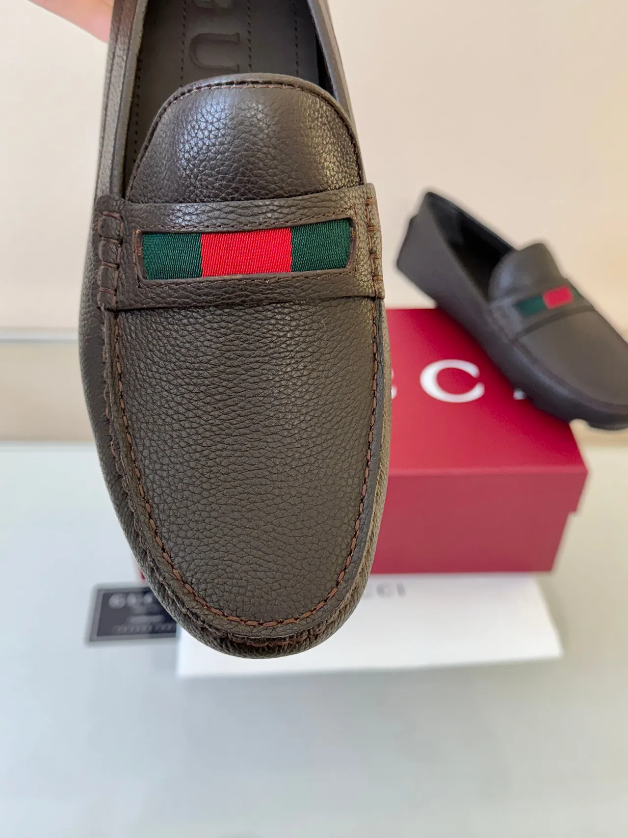 Gucci Horsebit 1955 Brown Pebbled Leather Web Stripe Loafers 3