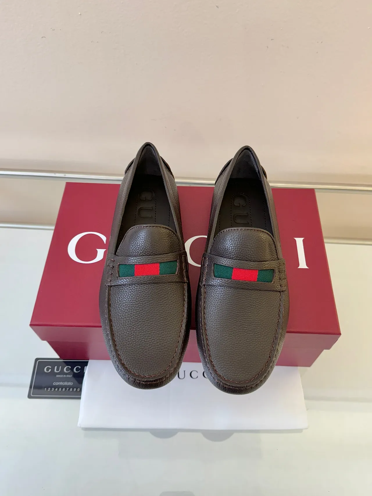 Gucci Horsebit 1955 Brown Pebbled Leather Web Stripe Loafers 6