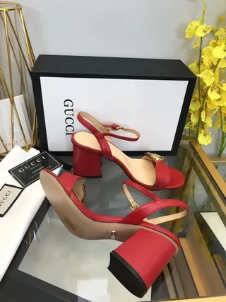Gucci Horsebit 1955 Red Gold Leather Interlocking G Buckle Block Heel 6