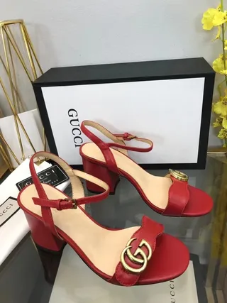 Gucci Horsebit 1955 Red Gold Leather Interlocking G Buckle Block Heel 7