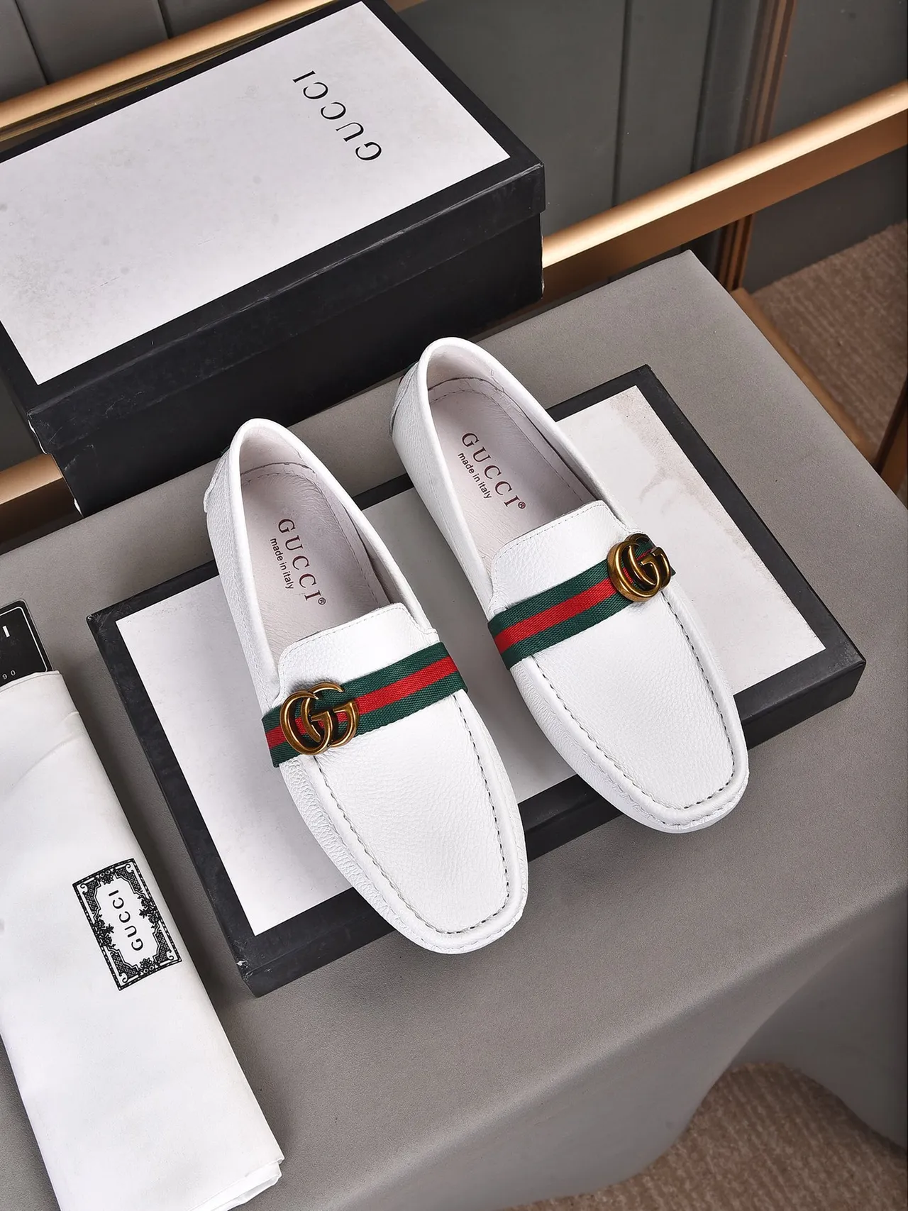 Gucci Horsebit 1955 White Leather Web Stripe Loafer 2
