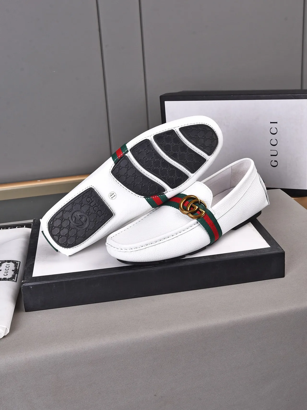 Gucci Horsebit 1955 White Leather Web Stripe Loafer 5