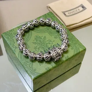 Gucci Interlocking G Bead Bracelet Silver Black Motif Beads Metal Bracelet