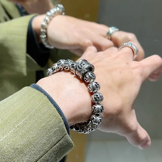 Gucci Interlocking G Bead Bracelet Silver Black Motif Beads Metal Bracelet 2