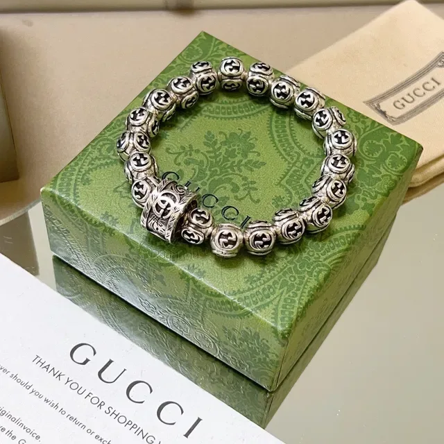 Gucci Interlocking G Bead Bracelet Silver Black Motif Beads Metal Bracelet 4