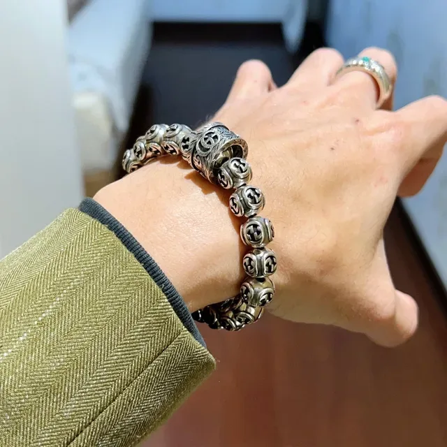 Gucci Interlocking G Bead Bracelet Silver Black Motif Beads Metal Bracelet 5