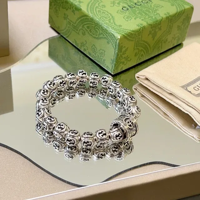Gucci Interlocking G Bead Bracelet Silver Black Motif Beads Metal Bracelet 6